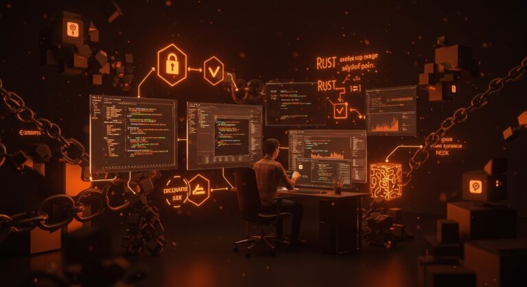 Gestión de paquetes en Arch Linux con Rust y verificación criptográfica, representada en un entorno tecnológico innovador.