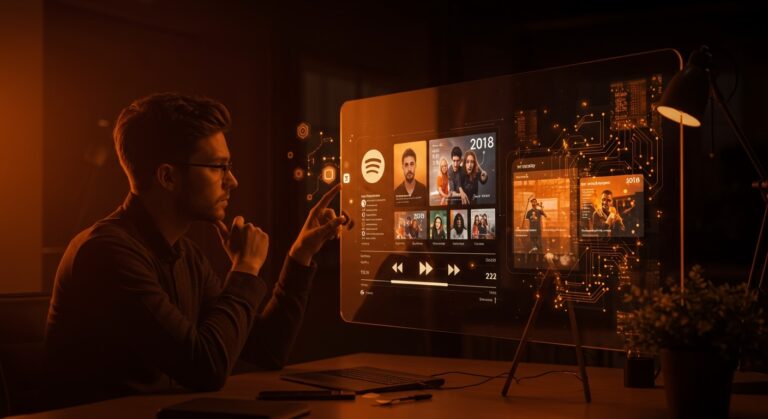 Founder archivando recuerdos digitales musicales en Spotify mediante automatización en un entorno tecnológico moderno.