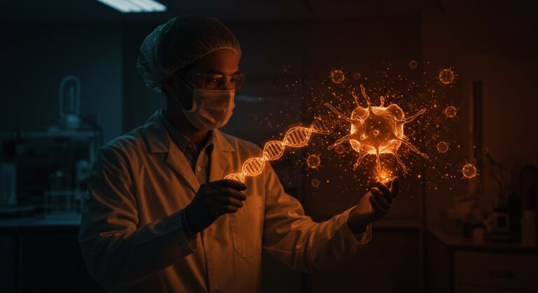 Investigadora manipulando ARN mensajero en un laboratorio moderno representando avances en inmunoterapia para cáncer metastásico.