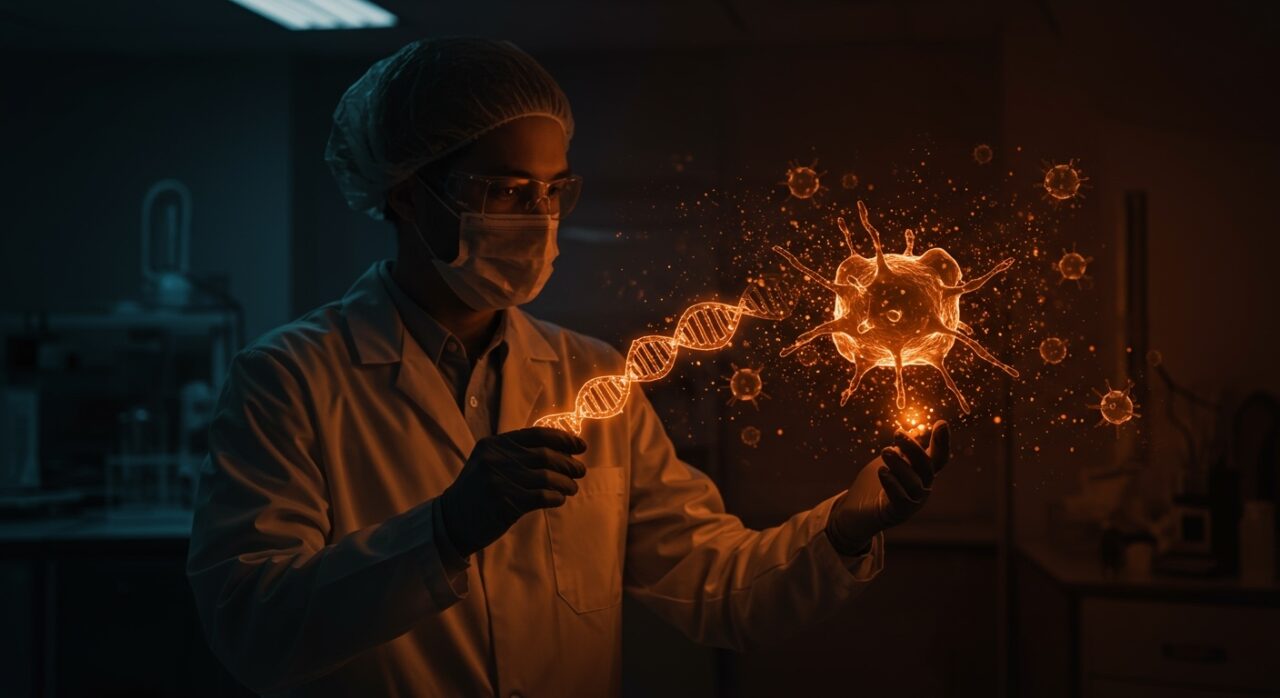 Investigadora manipulando ARN mensajero en un laboratorio moderno representando avances en inmunoterapia para cáncer metastásico.