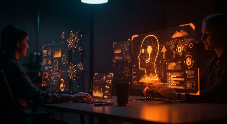 Equipo de startup tecnológica diseñando arquitectura Intent-First para IA conversacional, mejorando automatización y experiencia del usuario.