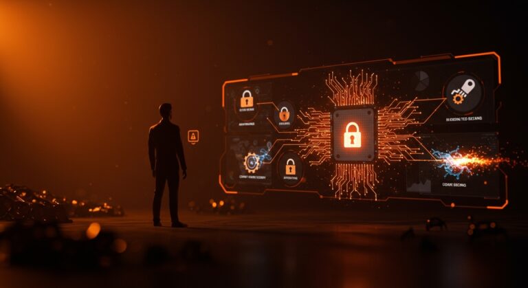 Ilustración de ataques runtime que amenazan la seguridad IA y defensa clave para CISOs en startups, con metáforas visuales de brechas y protección digital.