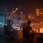 Automatización de documentación técnica con IA en startups, mostrando desarrolladores colaborando con tecnología avanzada para escalar procesos.