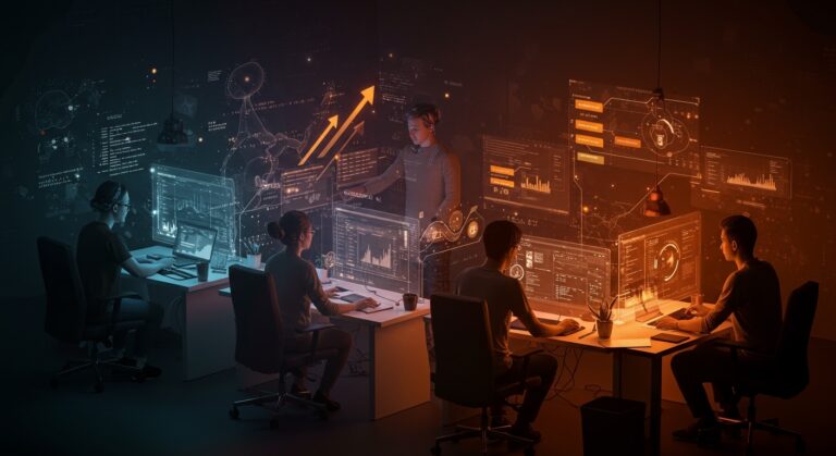 Automatización de documentación técnica con IA en startups, mostrando desarrolladores colaborando con tecnología avanzada para escalar procesos.