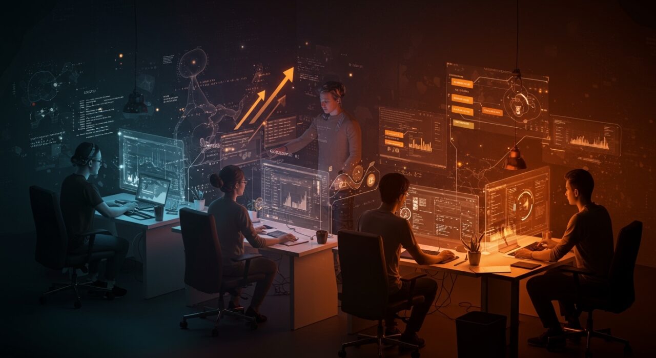 Automatización de documentación técnica con IA en startups, mostrando desarrolladores colaborando con tecnología avanzada para escalar procesos.
