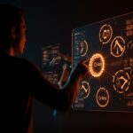 Automatización O-Ring aplicada en startups tech, mostrando un fundador interactuando con tecnología avanzada de robots y IA para mejorar la productividad.