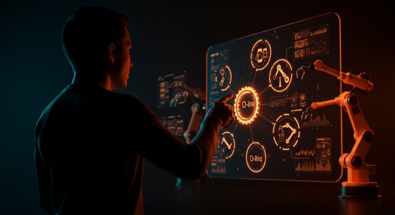 Automatización O-Ring aplicada en startups tech, mostrando un fundador interactuando con tecnología avanzada de robots y IA para mejorar la productividad.