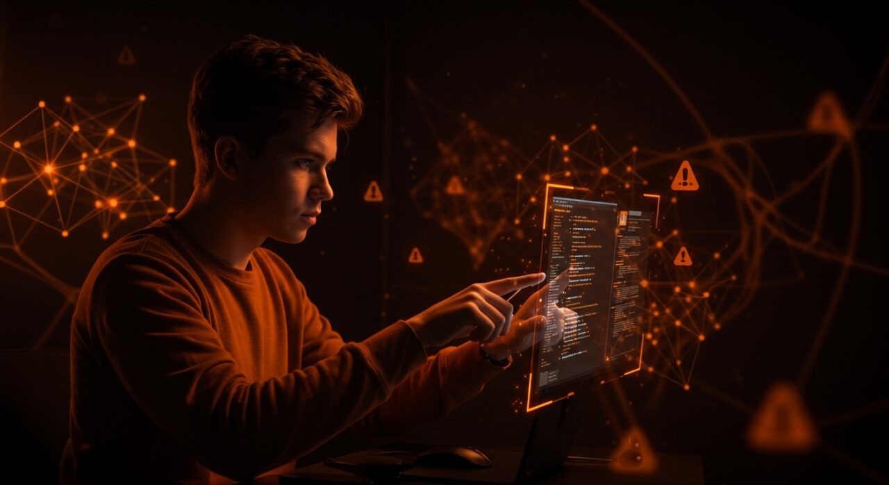 Desarrollador usando interfaz digital que representa riesgos y automatización en IA en startups tecnológicas.