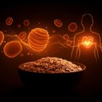 Bowl de avena con representación abstracta de reducción de colesterol LDL y mejora metabólica en salud cardiovascular.