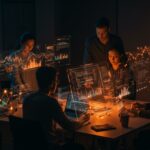 Equipo de ingenieros colaborando en plataforma de inteligencia artificial para automatización y productividad en startups tecnológicas.