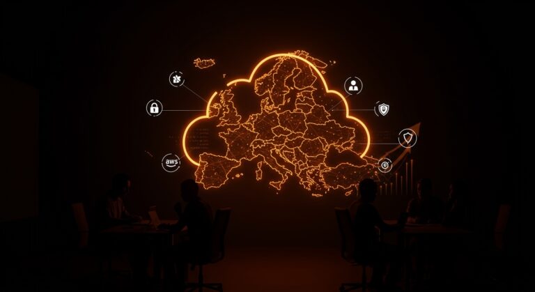 Representación visual de AWS European Sovereign Cloud destacando protección de datos y oportunidades para startups en Europa con estilo ecosistema startup.