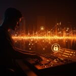 Música creada con inteligencia artificial prohibida en Bandcamp, ilustración editorial con motivos de redes neuronales y regulación en la industria musical.