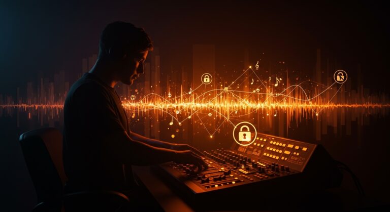 Música creada con inteligencia artificial prohibida en Bandcamp, ilustración editorial con motivos de redes neuronales y regulación en la industria musical.