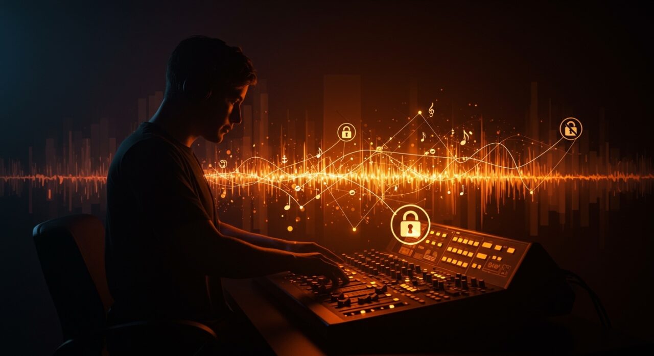 Música creada con inteligencia artificial prohibida en Bandcamp, ilustración editorial con motivos de redes neuronales y regulación en la industria musical.