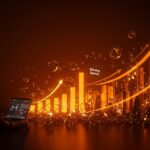 Adquisición de Eventbrite por Bending Spoons visualizada con fundador tech y ecosistema startup en tonos naranja y negro.