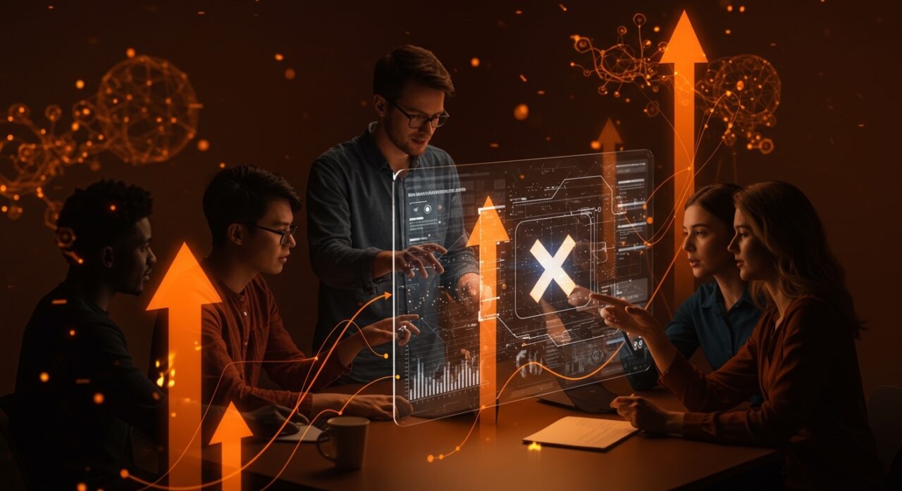 Equipo de startups utilizando el algoritmo abierto de X para optimizar marketing digital y estrategias de growth hacking con IA.