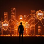 Influencia de Big Tech en la Digital Omnibus de la UE y su impacto en GDPR e inteligencia artificial, representado por una figura tech con datos digitales y redes neuronales.