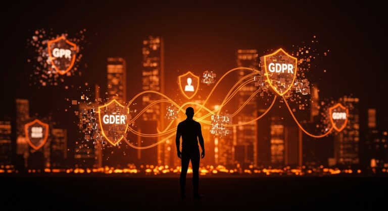 Influencia de Big Tech en la Digital Omnibus de la UE y su impacto en GDPR e inteligencia artificial, representado por una figura tech con datos digitales y redes neuronales.