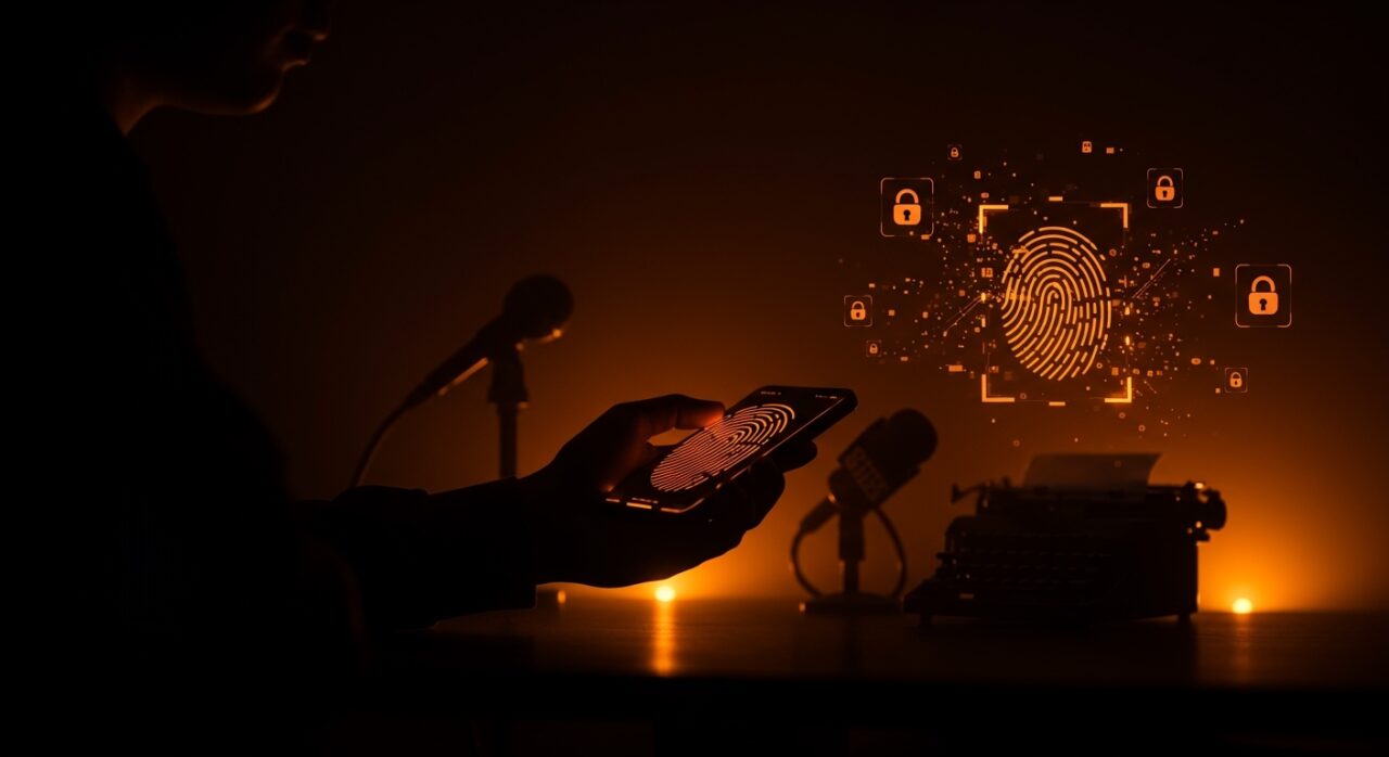 Ilustración biométrica y privacidad en contexto de redada federal al Washington Post, destacando riesgos legales y seguridad digital.