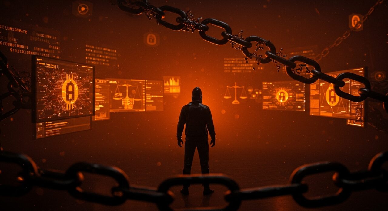 Imagen editorial que representa el caso Bitfinex con un hacker liberado anticipadamente, reflejando temas de cripto, hackeo y regulación fintech.