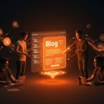 Emprendedores creando contenido de blogging para construir comunidad y marca más allá de redes sociales, ilustrado con conexiones digitales y un ambiente moderno en tonos naranja y negro.
