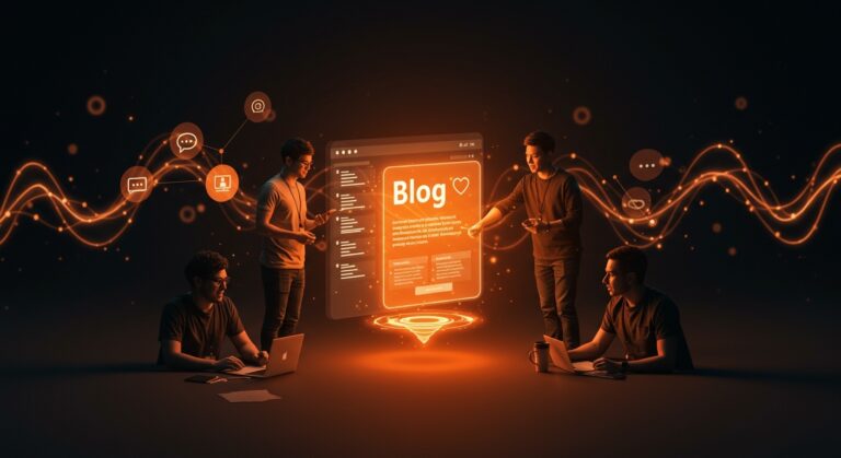 Emprendedores creando contenido de blogging para construir comunidad y marca más allá de redes sociales, ilustrado con conexiones digitales y un ambiente moderno en tonos naranja y negro.