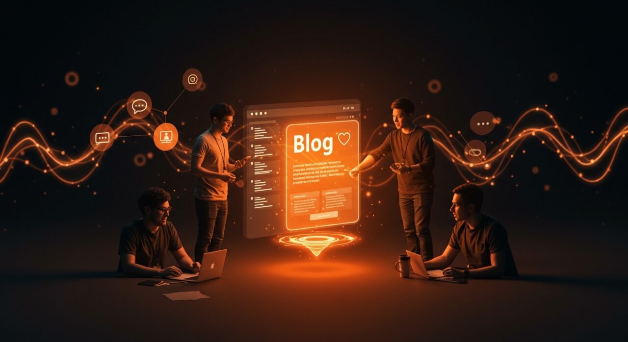 Emprendedores creando contenido de blogging para construir comunidad y marca más allá de redes sociales, ilustrado con conexiones digitales y un ambiente moderno en tonos naranja y negro.