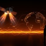 Satélite de internet satelital TeraWave de Blue Origin transmitiendo datos a alta velocidad de 6 Tbps, representando conectividad avanzada para empresas y startups en América Latina.