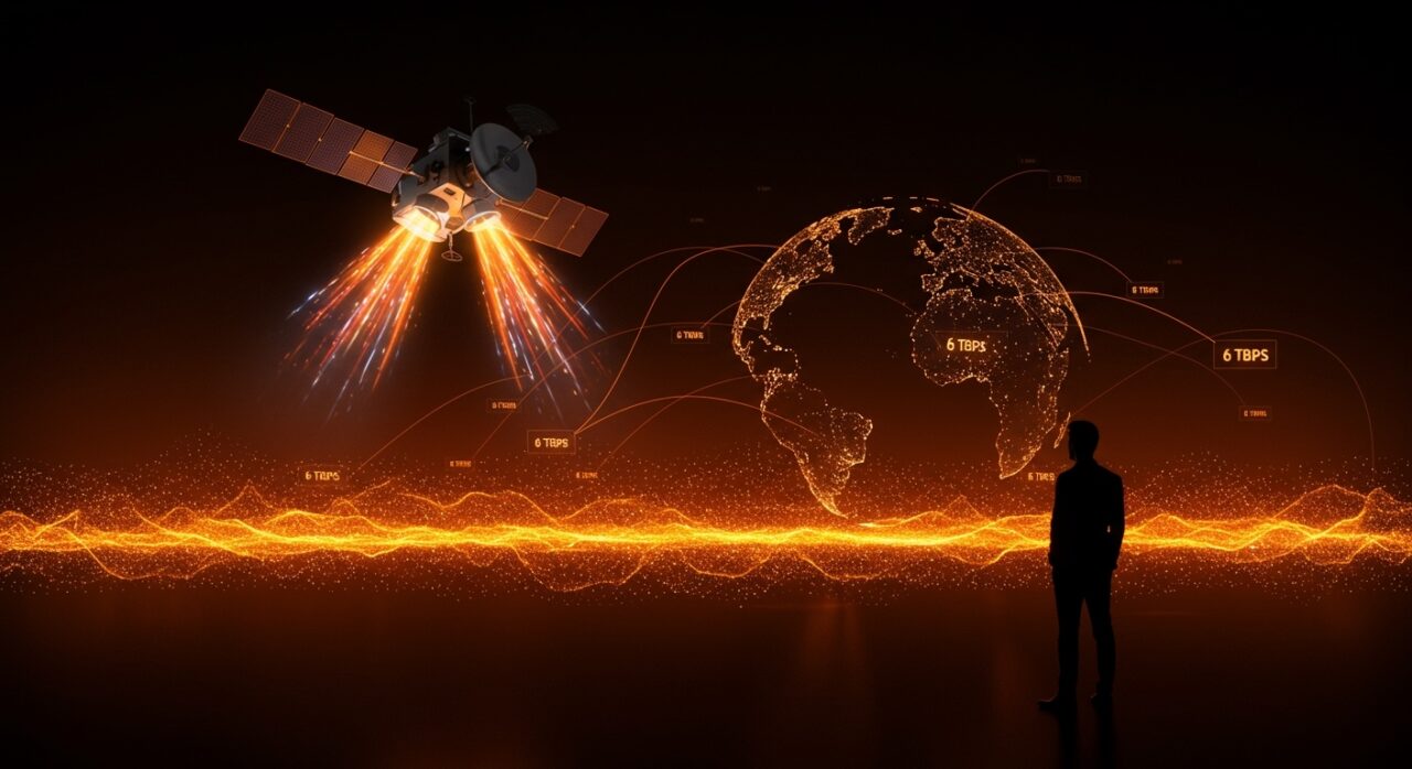 Satélite de internet satelital TeraWave de Blue Origin transmitiendo datos a alta velocidad de 6 Tbps, representando conectividad avanzada para empresas y startups en América Latina.