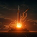 Lanzamiento del cohete New Glenn de Blue Origin en un entorno futurista que representa la innovación en tecnología espacial y la exploración lunar.