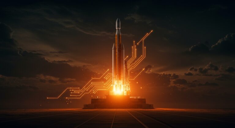 Lanzamiento del cohete New Glenn de Blue Origin en un entorno futurista que representa la innovación en tecnología espacial y la exploración lunar.