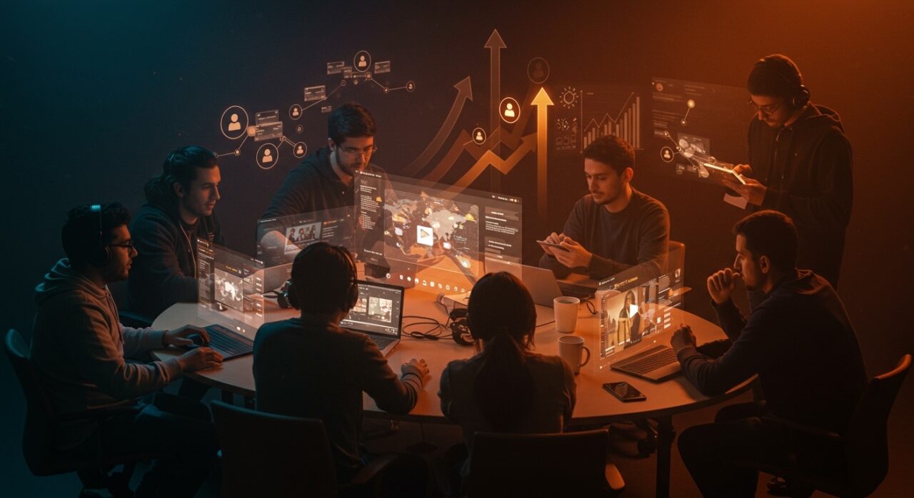 Fundadores tech LATAM colaborando con interfaces digitales avanzadas mostrando roadmap 2026 de Bluesky y tendencias en redes sociales.