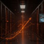 Vista futurista de data centers en EE. UU. con un founder hispano representando crecimiento y desafíos en infraestructura digital tecnológica.