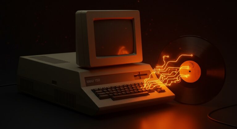 IBM 5150 vintage booting desde un vinilo con FreeDOS, simbolizando innovación en hardware vintage y sistemas operativos alternativos.