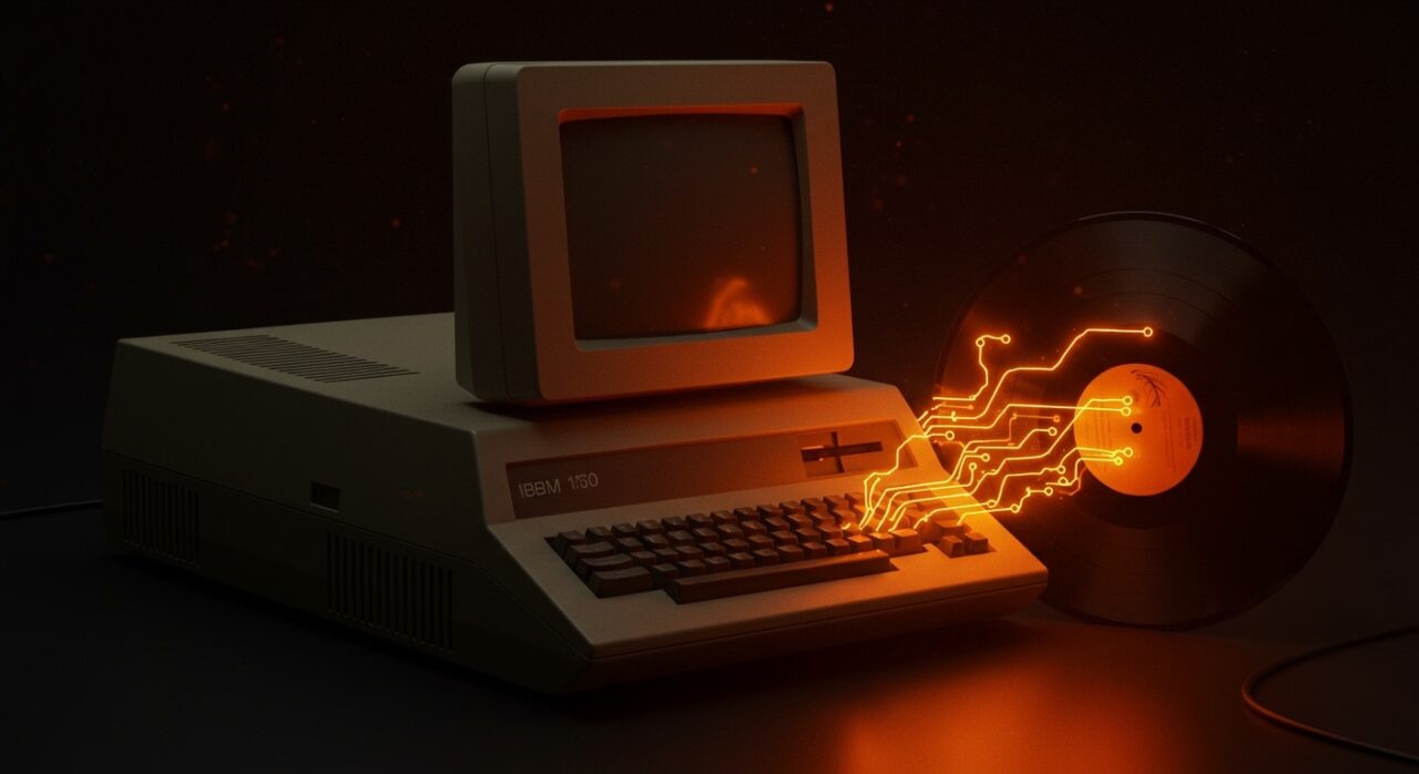 IBM 5150 vintage booting desde un vinilo con FreeDOS, simbolizando innovación en hardware vintage y sistemas operativos alternativos.