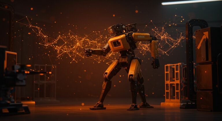 Robot humanoide Atlas de Boston Dynamics con IA avanzada de Google DeepMind en entorno industrial, mostrando innovación en tecnología robótica.