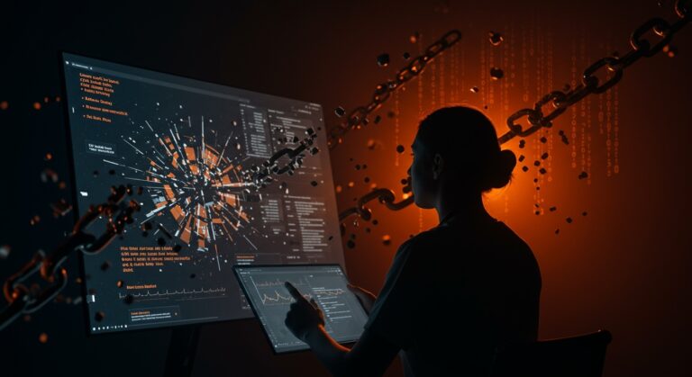 Brecha de datos en salud afectando pacientes en Illinois, representada por datos fragmentados y fallos en la seguridad informática.