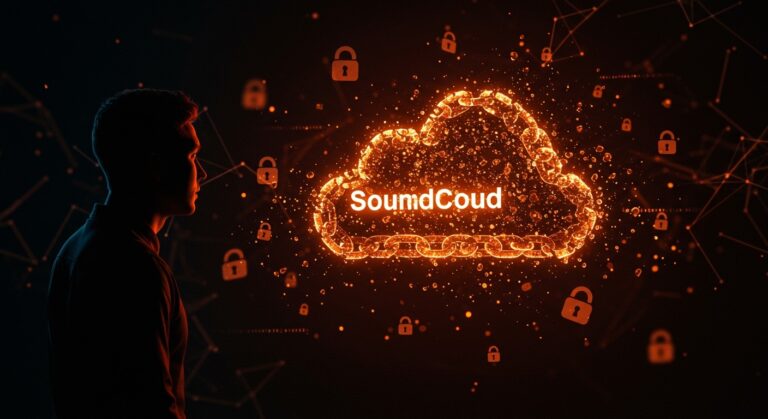 Ilustración de brecha de datos en SoundCloud con símbolos de seguridad informática y autenticación, dirigida a startups y founders.