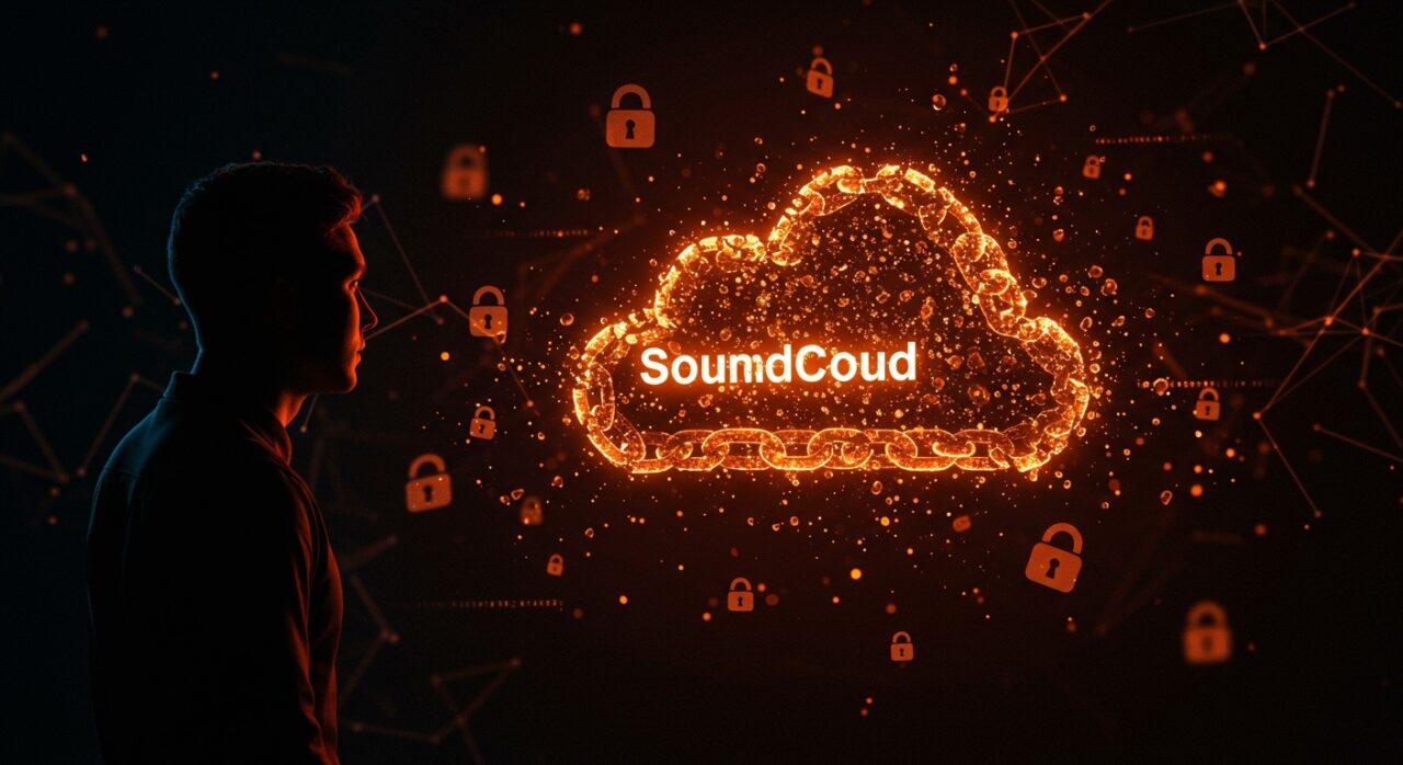 Ilustración de brecha de datos en SoundCloud con símbolos de seguridad informática y autenticación, dirigida a startups y founders.
