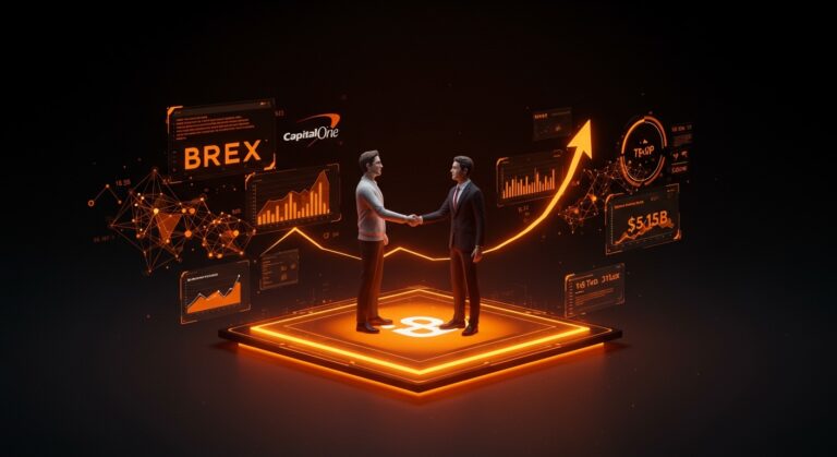 Alianza fintech histórica entre Brex y Capital One ilustrada con una plataforma digital brillante que simboliza inversión y crecimiento en tecnología financiera.
