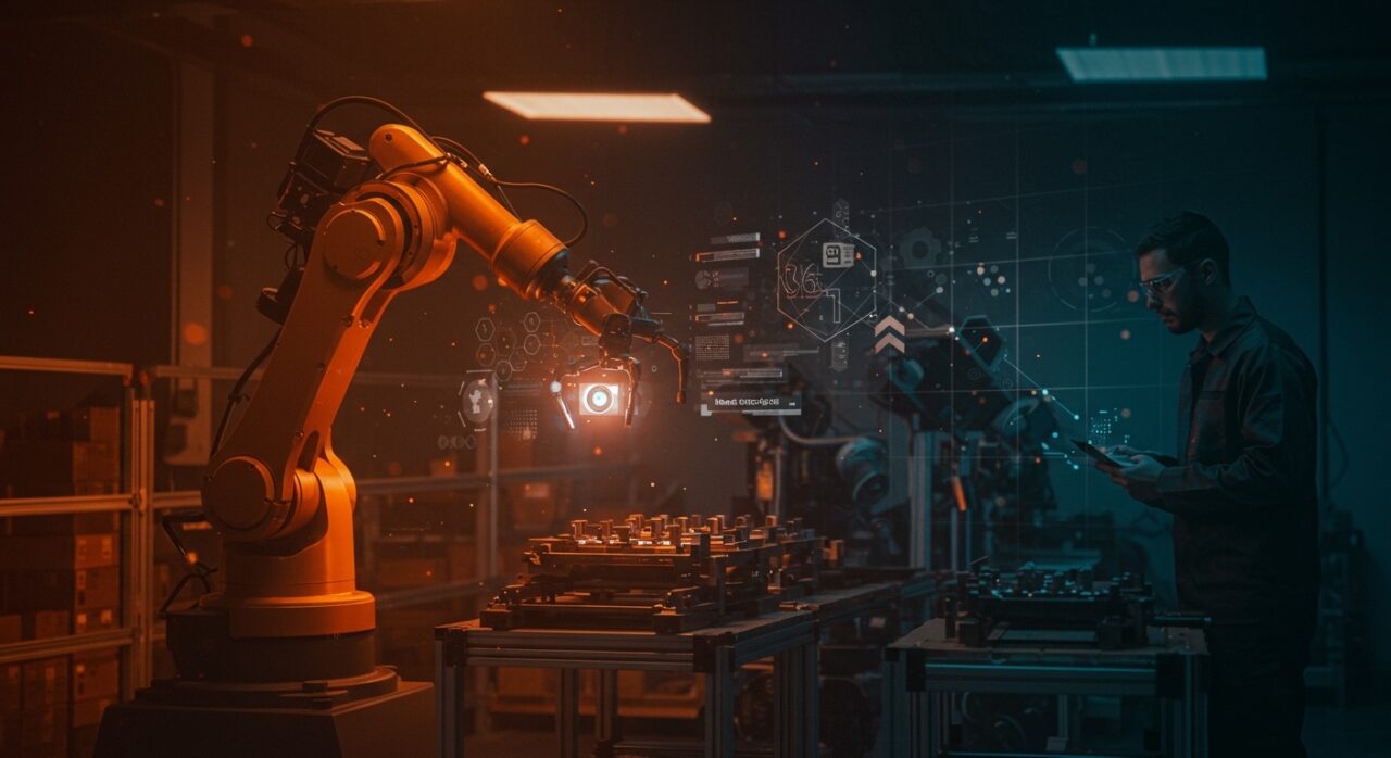 Robot inteligente realizando inspección de calidad industrial con visión artificial supervisado por operario humano en automatización IA.