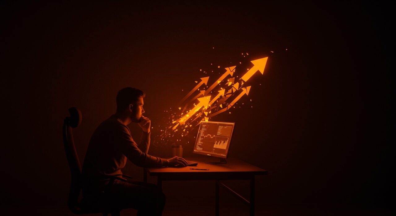 Imagen conceptual de burnout en tecnología y transición profesional con ingeniero de software reflexionando y metáforas de equilibrio y bienestar laboral.