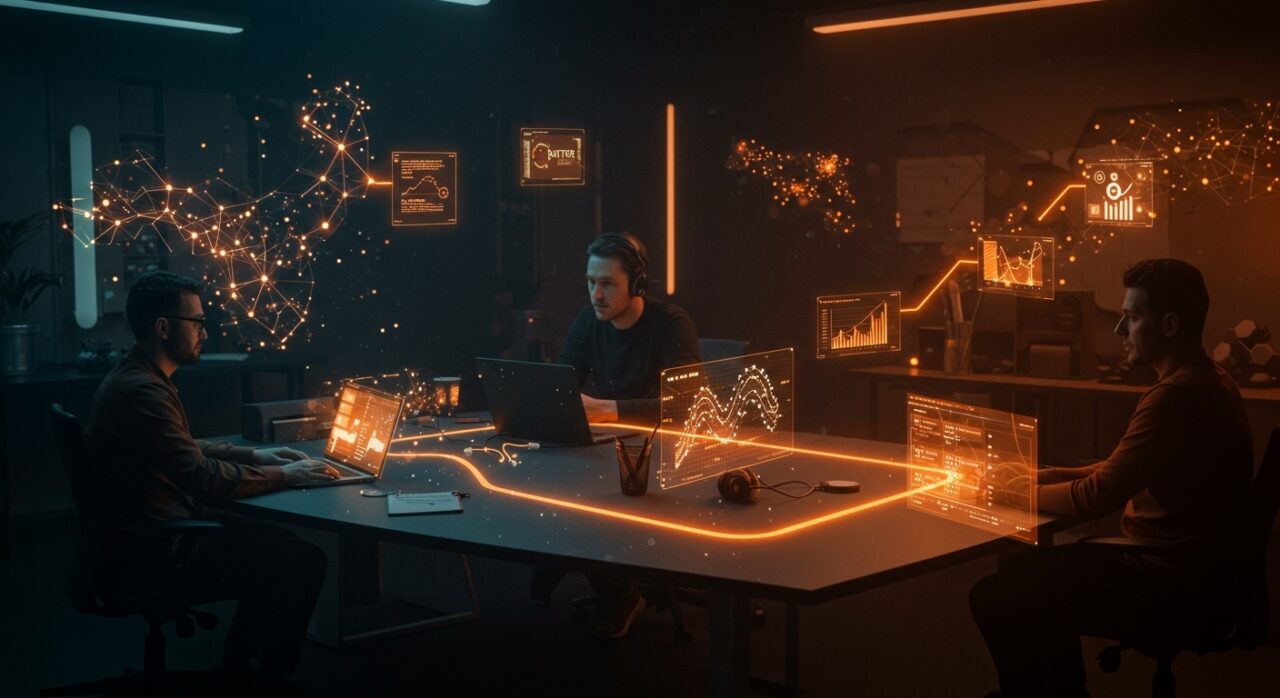 Equipo de founders colaborando con plantillas dinámicas e inteligencia artificial para cacheo eficiente de respuestas LLM en entorno tecnológico startup.