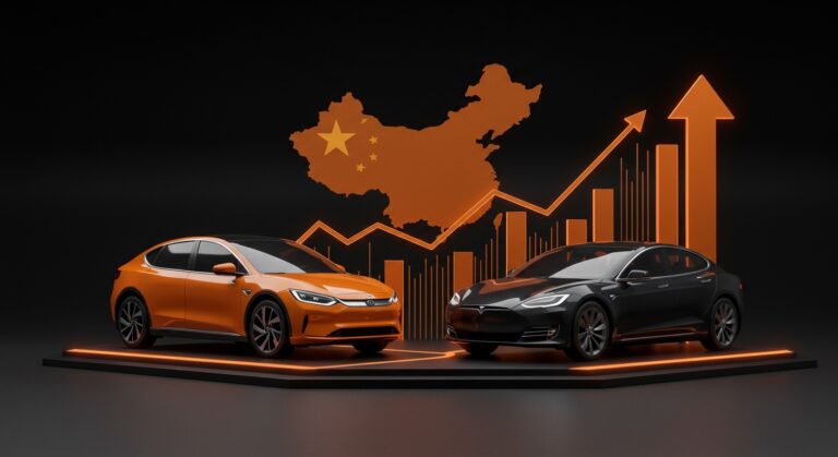 Comparativa visual entre BYD y Tesla en ventas de vehículos eléctricos 2025 destacando liderazgo en el mercado automotriz.