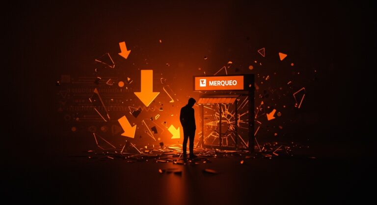 Caída de Merqueo representada por un emprendedor frente a una tienda digital fragmentada en tonos naranja y negro enfocando lecciones para startups retailtech en LATAM.