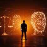 Representación visual de regulación de IA y deepfakes en California con un fundador tecnológico frente a redes neuronales y rostros digitales distorsionados.