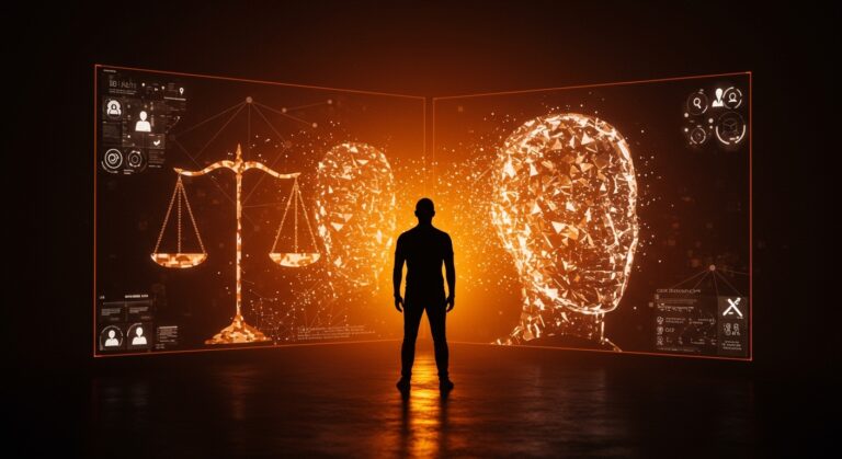 Representación visual de regulación de IA y deepfakes en California con un fundador tecnológico frente a redes neuronales y rostros digitales distorsionados.