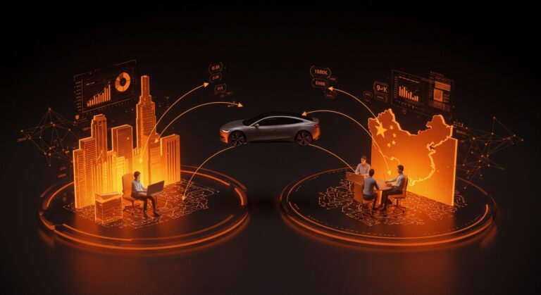 Vehículo eléctrico conectando los mercados de Canadá y China, simbolizando el acuerdo comercial y las oportunidades para startups en la industria automotriz.