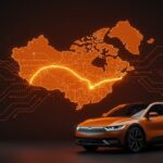 Vehículo eléctrico frente a mapas estilizados de Canadá y China conectados por líneas eléctricas, simbolizando la reducción de aranceles y oportunidades en movilidad sostenible.