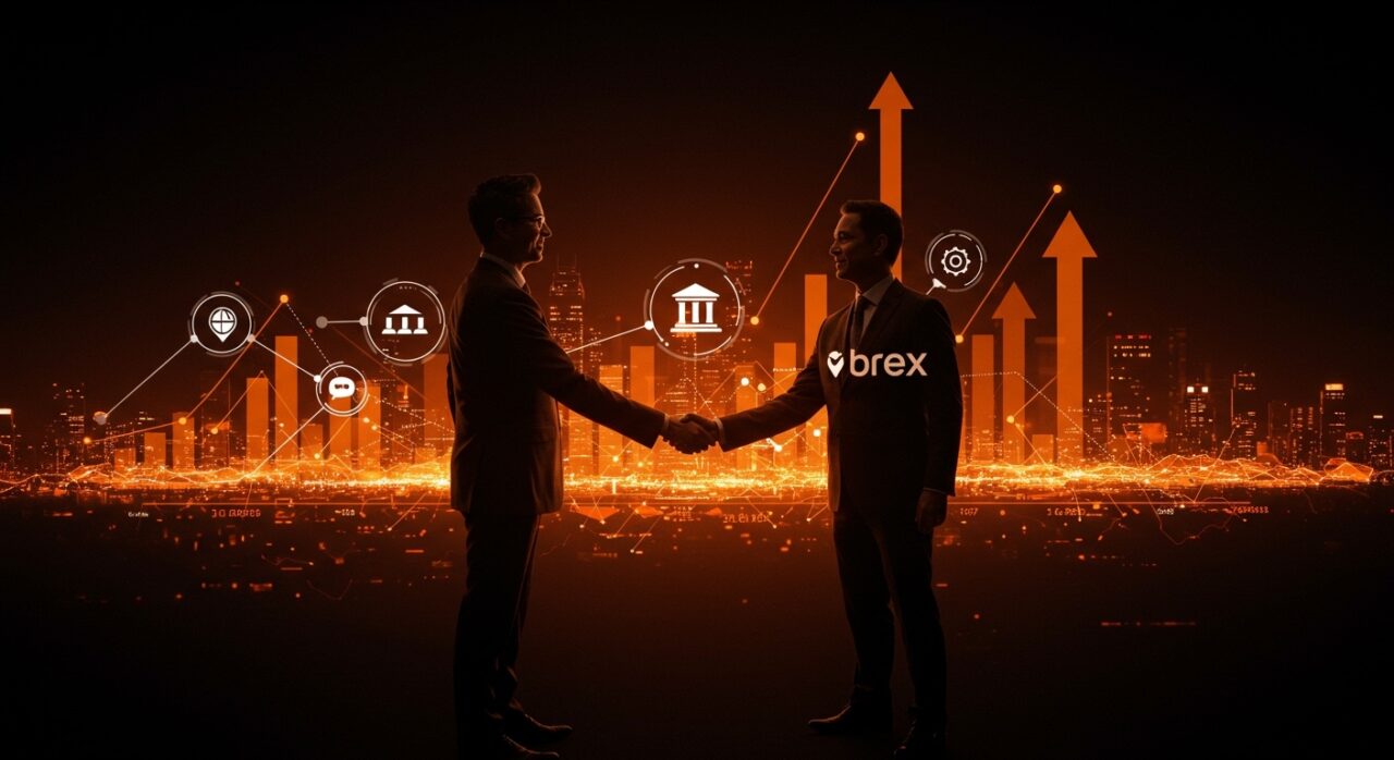 Capital One adquiriendo Brex en una escena que representa la mayor compra fintech, con metáforas visuales de innovación y funding en el ecosistema startup.